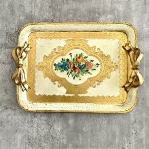 Florentine Gilded Serving Tray, Gold and Ivory Hand Carved and Painted Platter